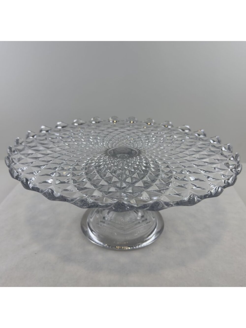 Vintage Pedestal Cake Stand Clear Pressed Glass Diamond Pattern 12" Diameter